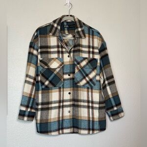 Zara Fleece Brown Teal Plaid Oversized Snap Front Shacket Size XS